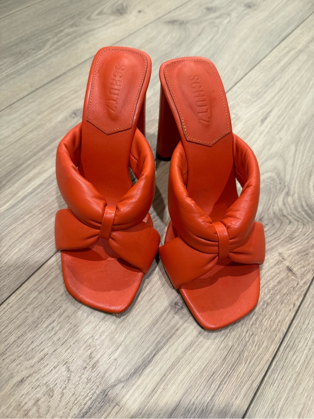 SCHUTZ Orange Red Knotted Slide Block Heels